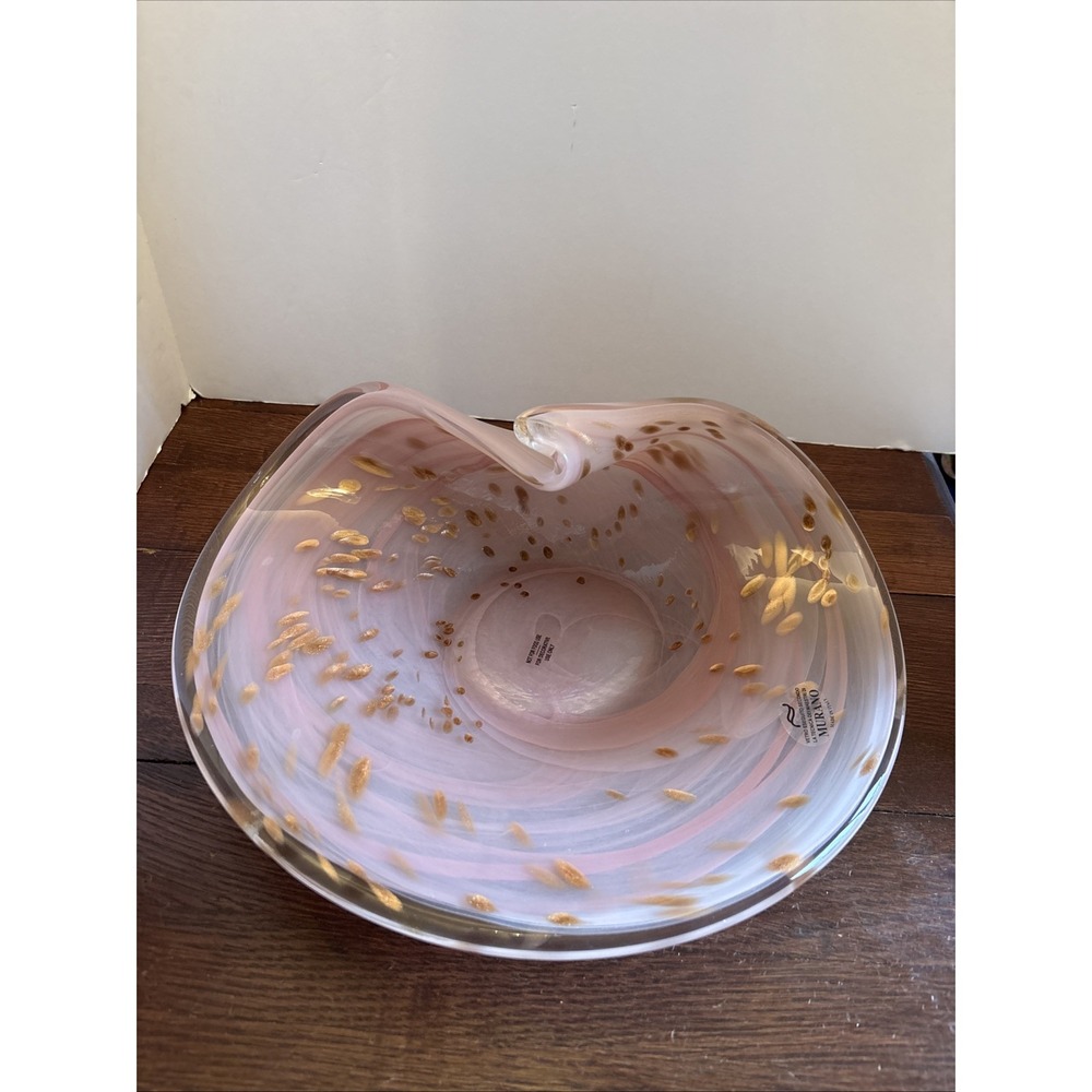 Murano Art Glass Pink w Swirls Metallic Strokes Folded  Bowl Decor NEW 14.75"x 6